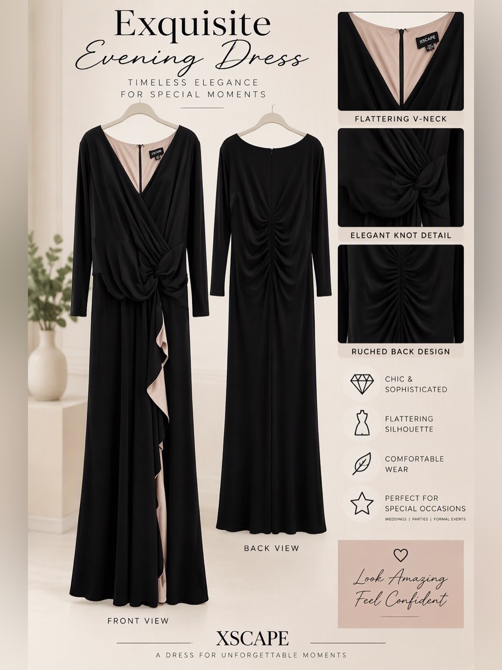XSCAPE Elegant Women’s Long Sleeve Black Gala Evening Occassion Dress 16w NWOT